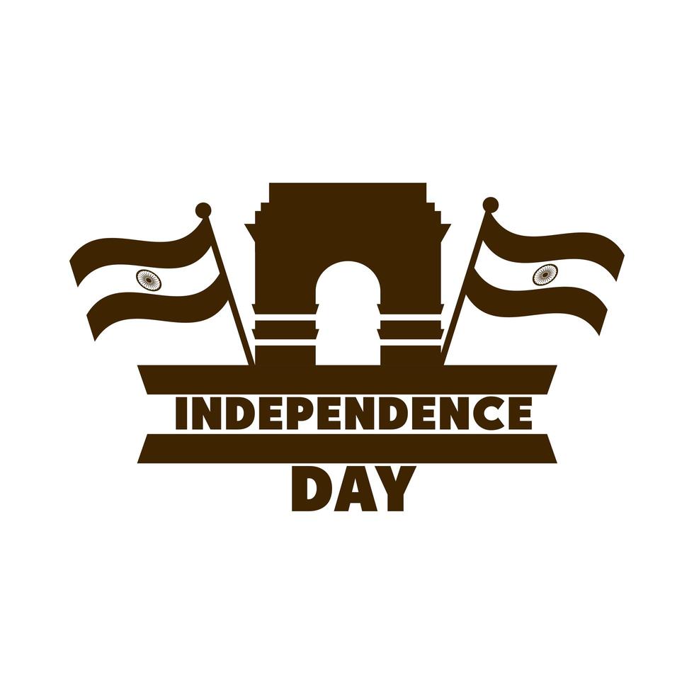 gelukkige dag van de onafhankelijkheid india indiase poort en vlaggen patriot trots silhouet stijlicoon vector