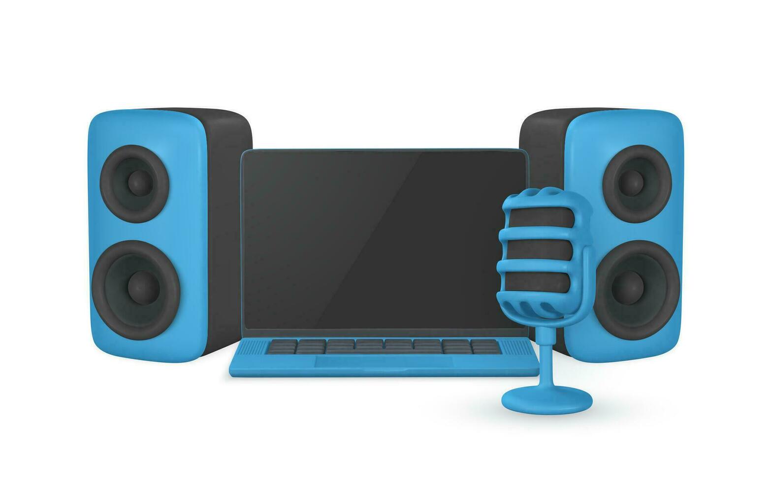 3d microfoon, laptop en audio spreker in plastic tekenfilm stijl. vector illustratie