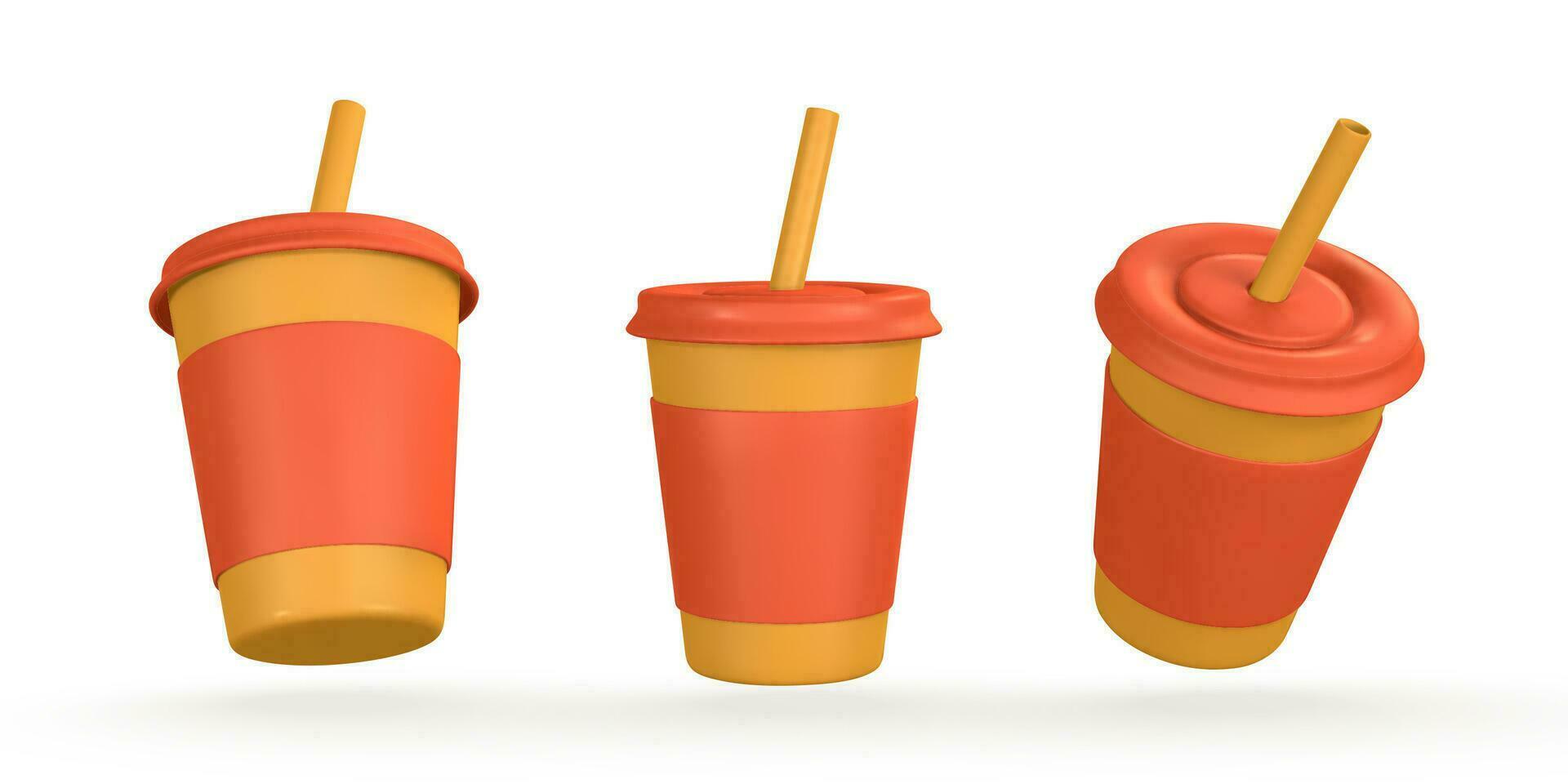 3d realistisch papier kop met drinken rietje. glas voor Frisdrank, sap, koffie, thee in tekenfilm stijl. vector illustratie