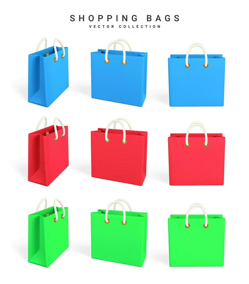 3d leeg rood, groen en blauw boodschappen doen Tassen. boodschappen doen concept. vector illustratie