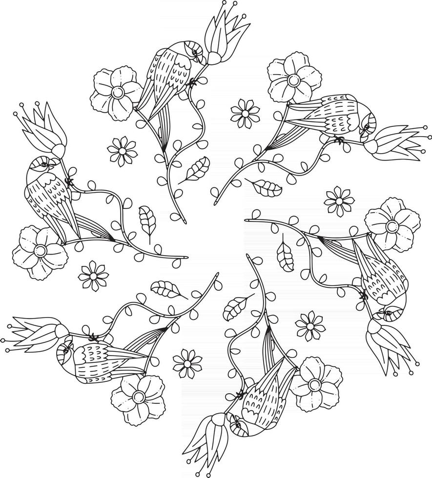 vogels in de tuin bos met bloemen fruit bladeren tropisch overzichtsmonogram kleurplaat vector