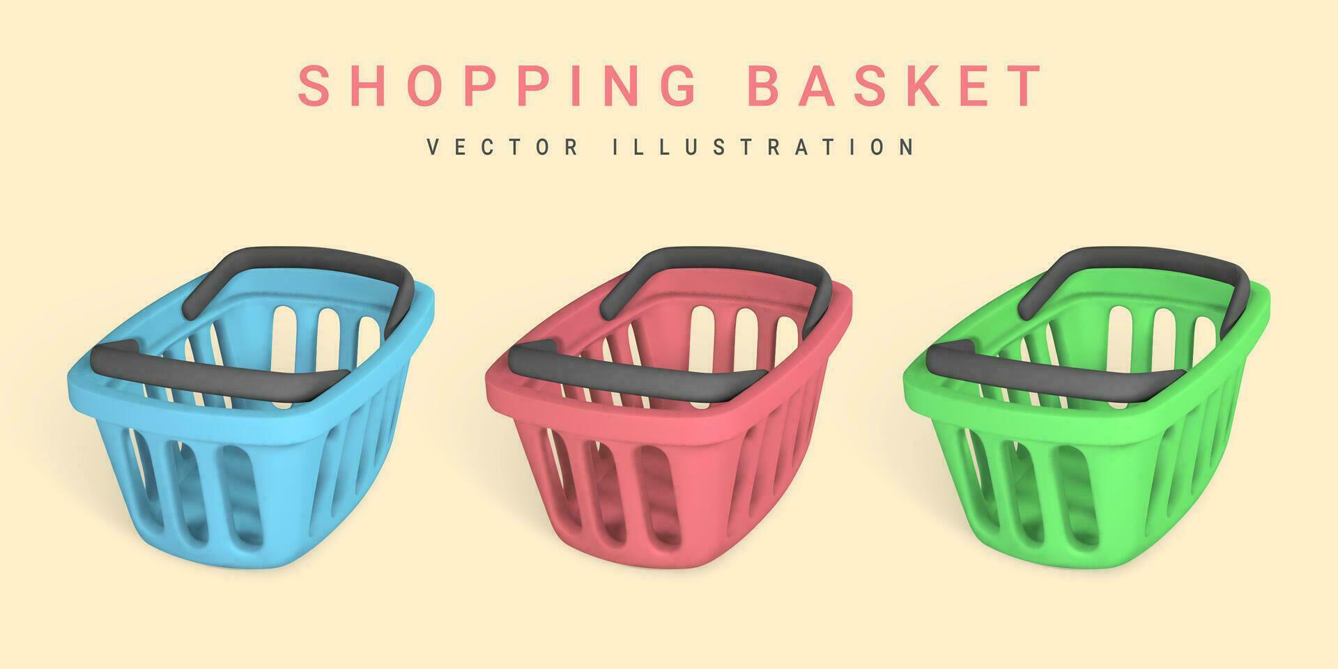 reeks van 3d leeg blauw, rood en groen boodschappen doen manden. boodschappen doen concept. vector illustratie