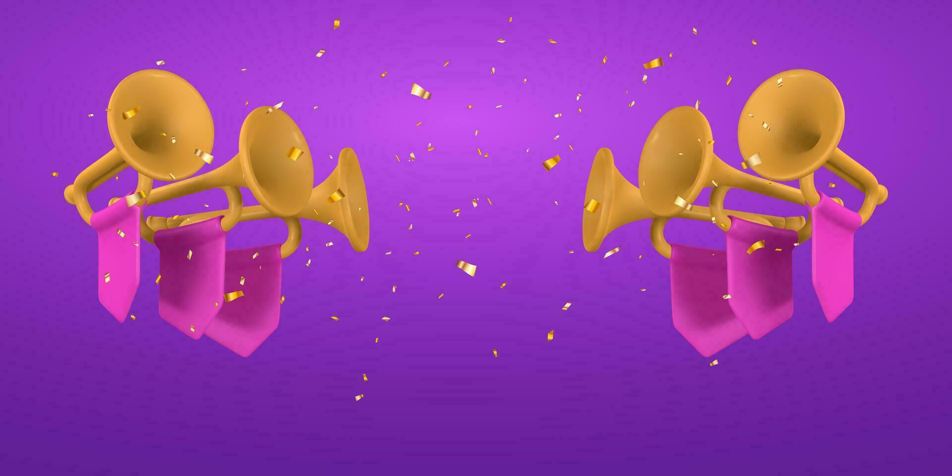 3d realistisch fanfare met confetti. muziek- concept ontwerp in plastic tekenfilm stijl. vector illustratie