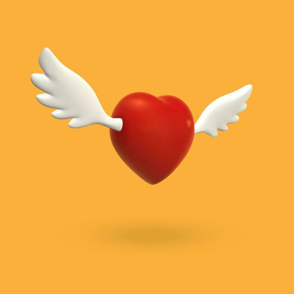 3d vliegend rood hart met Vleugels Aan oranje achtergrond. valentijnsdag dag concept. vector illustratie