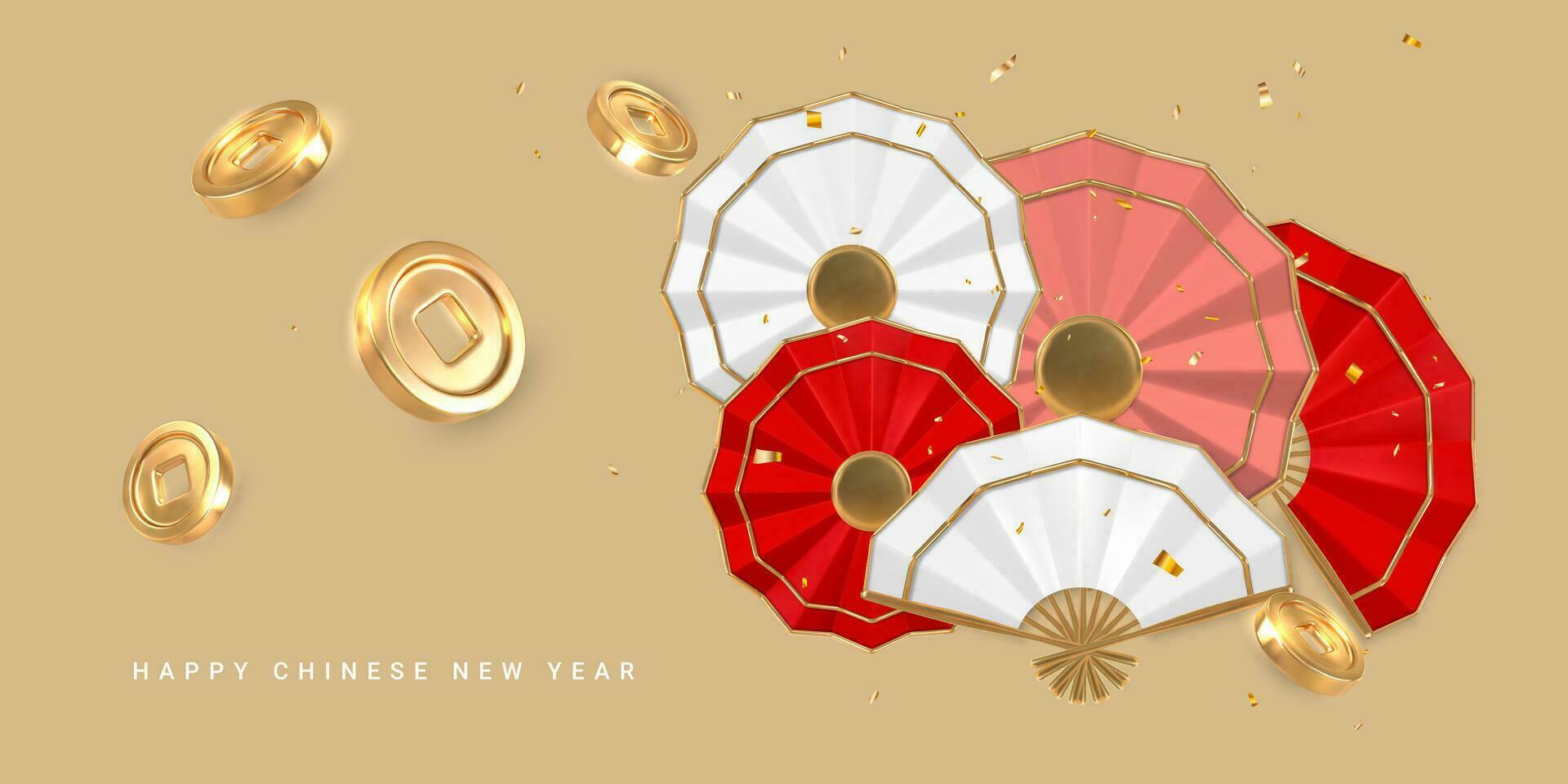 gelukkig Chinese nieuw jaar. Chinese festivals ventilator en goud munten. Aziatisch traditioneel elementen. vector illustratie