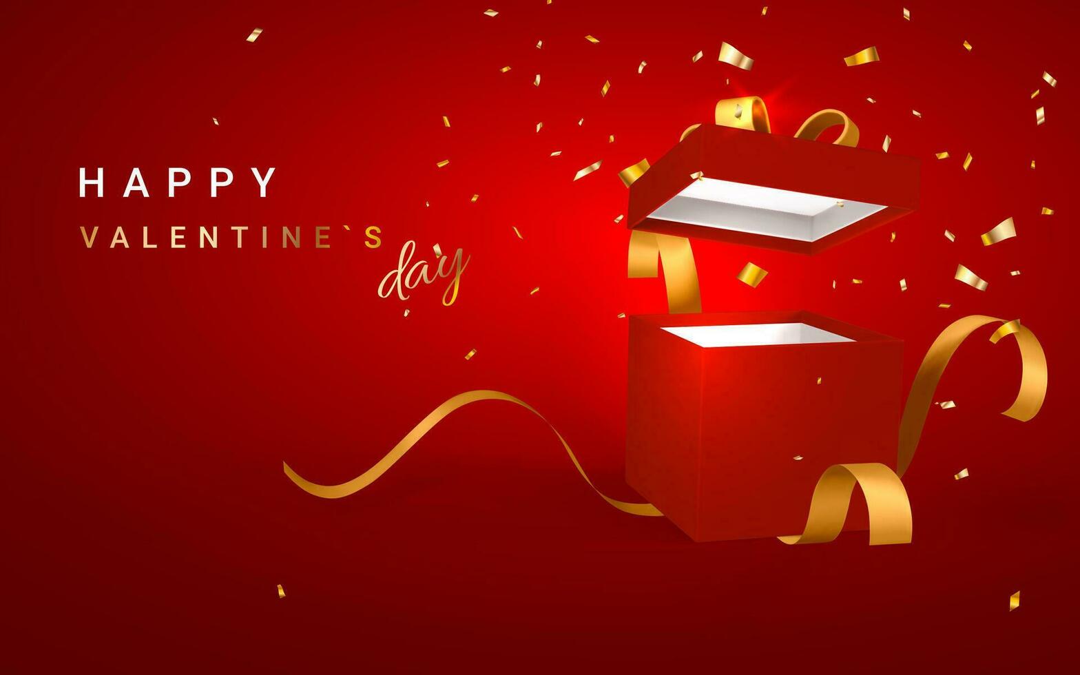 gelukkig valentijnsdag dag achtergrond. 3d realistisch geschenk doos met gouden lintje. rood papier doos met lint en schaduw geïsoleerd Aan rood achtergrond. vector illustratie