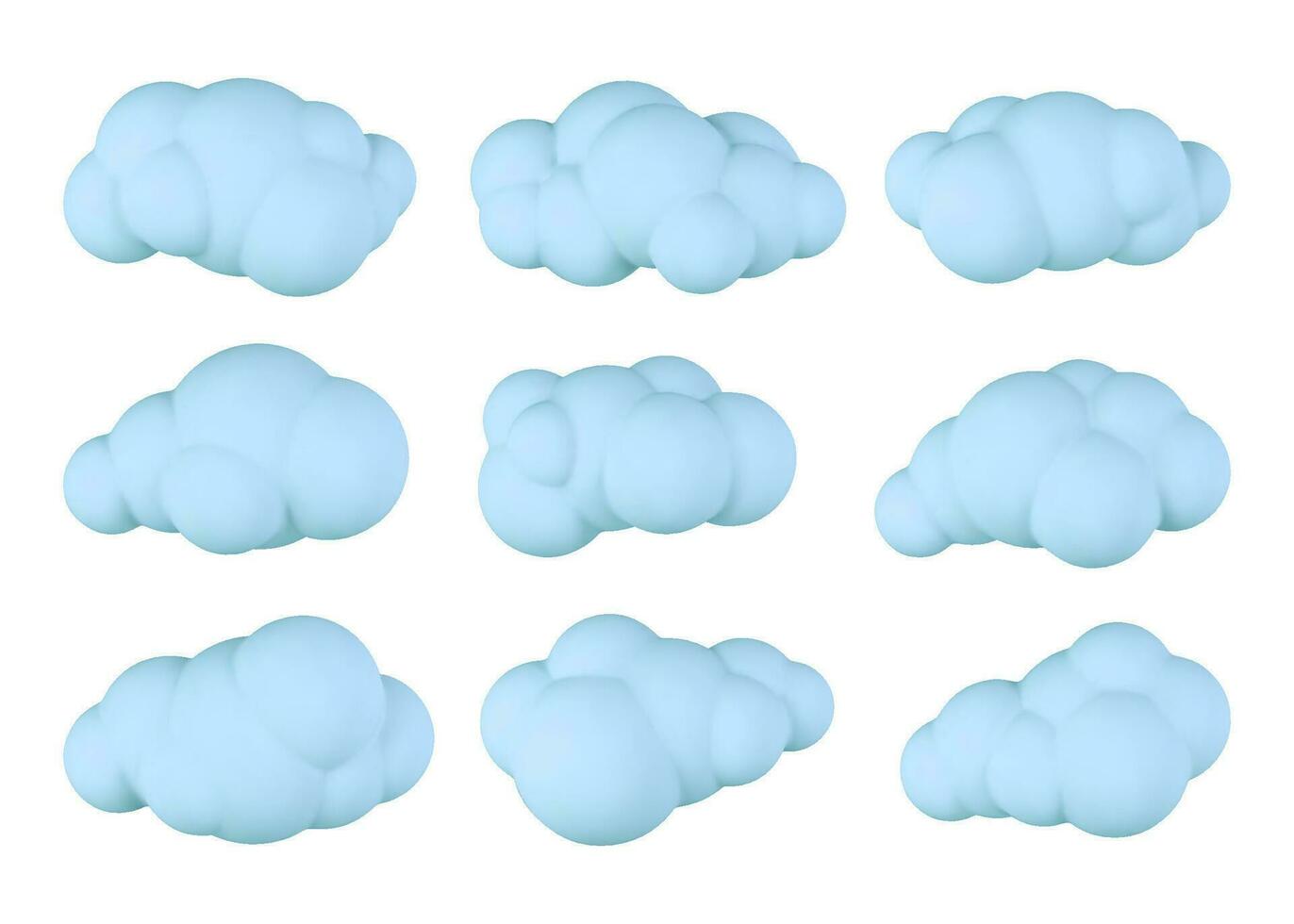 3d plastic wolken. reeks van ronde tekenfilm pluizig wolken geïsoleerd Aan een wit achtergrond. vector illustratie