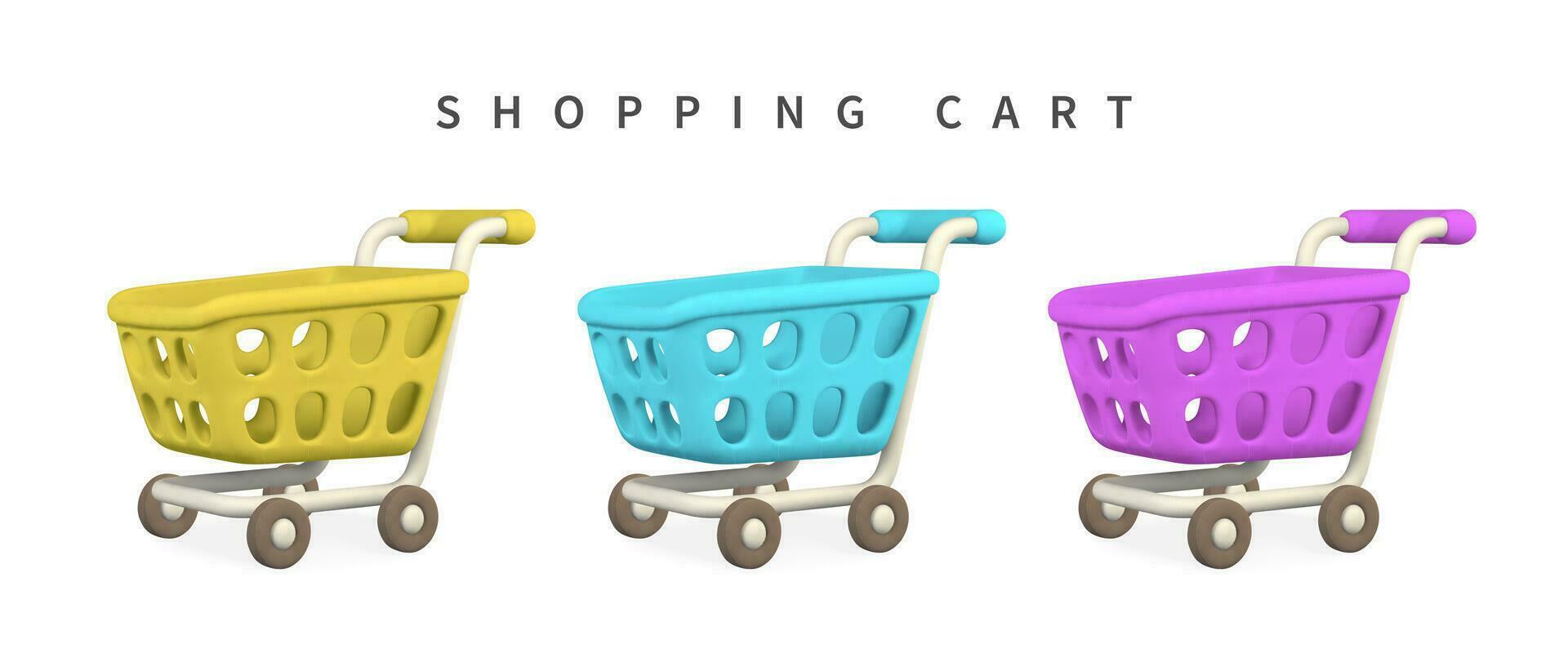 3d leeg groen boodschappen doen kar Aan een wit achtergrond. boodschappen doen concept. vector illustratie