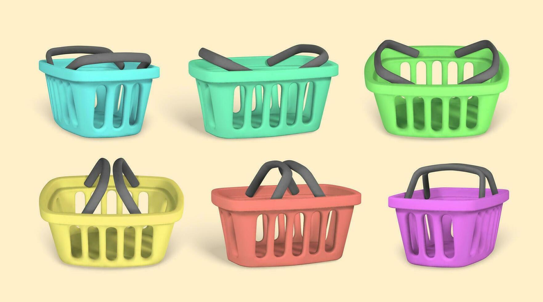 reeks van 3d leeg blauw, rood, groen en geel boodschappen doen manden. boodschappen doen concept. vector illustratie