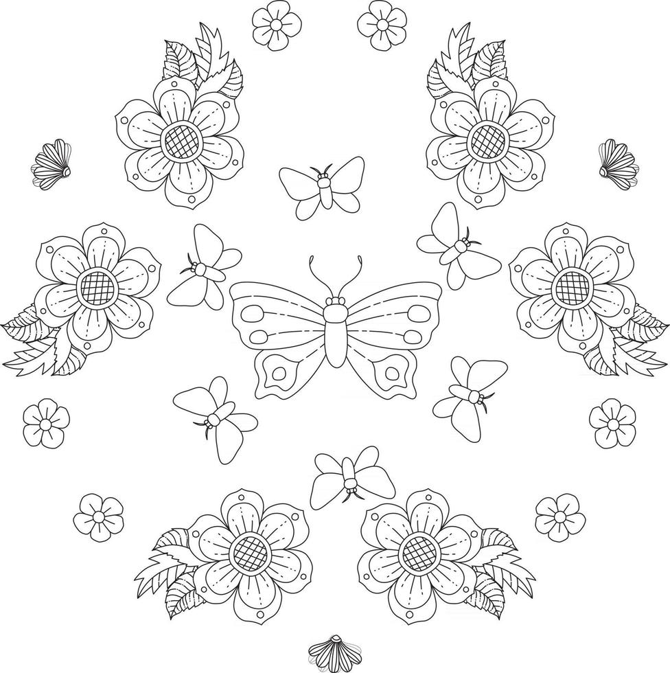 vlinder natuurlijk patroon bloemen bloementuin overzicht monogram kleurplaat vector