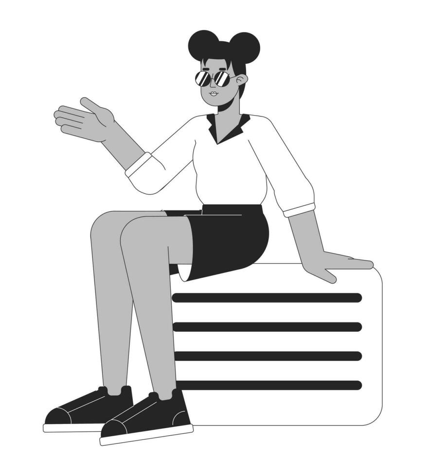 elegant afro Amerikaans meisje zittend Aan valies vlak lijn zwart wit vector karakter. bewerkbare schets vol lichaam persoon. bagage vrouw gemakkelijk tekenfilm geïsoleerd plek illustratie voor web grafisch ontwerp
