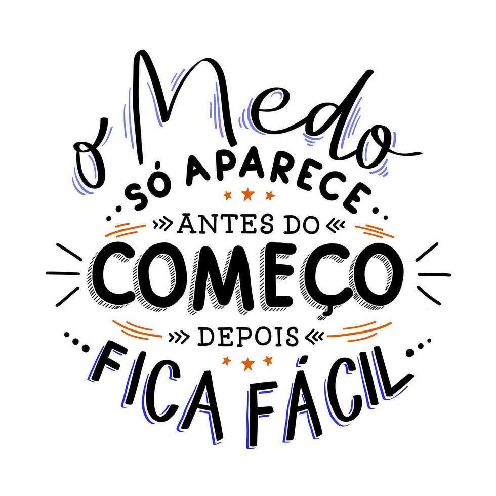 hand- belettering motiverende uitdrukking in braziliaans Portugees. vertaling - angst enkel en alleen verschijnt voordat de begin, vervolgens het wordt eenvoudig. vector