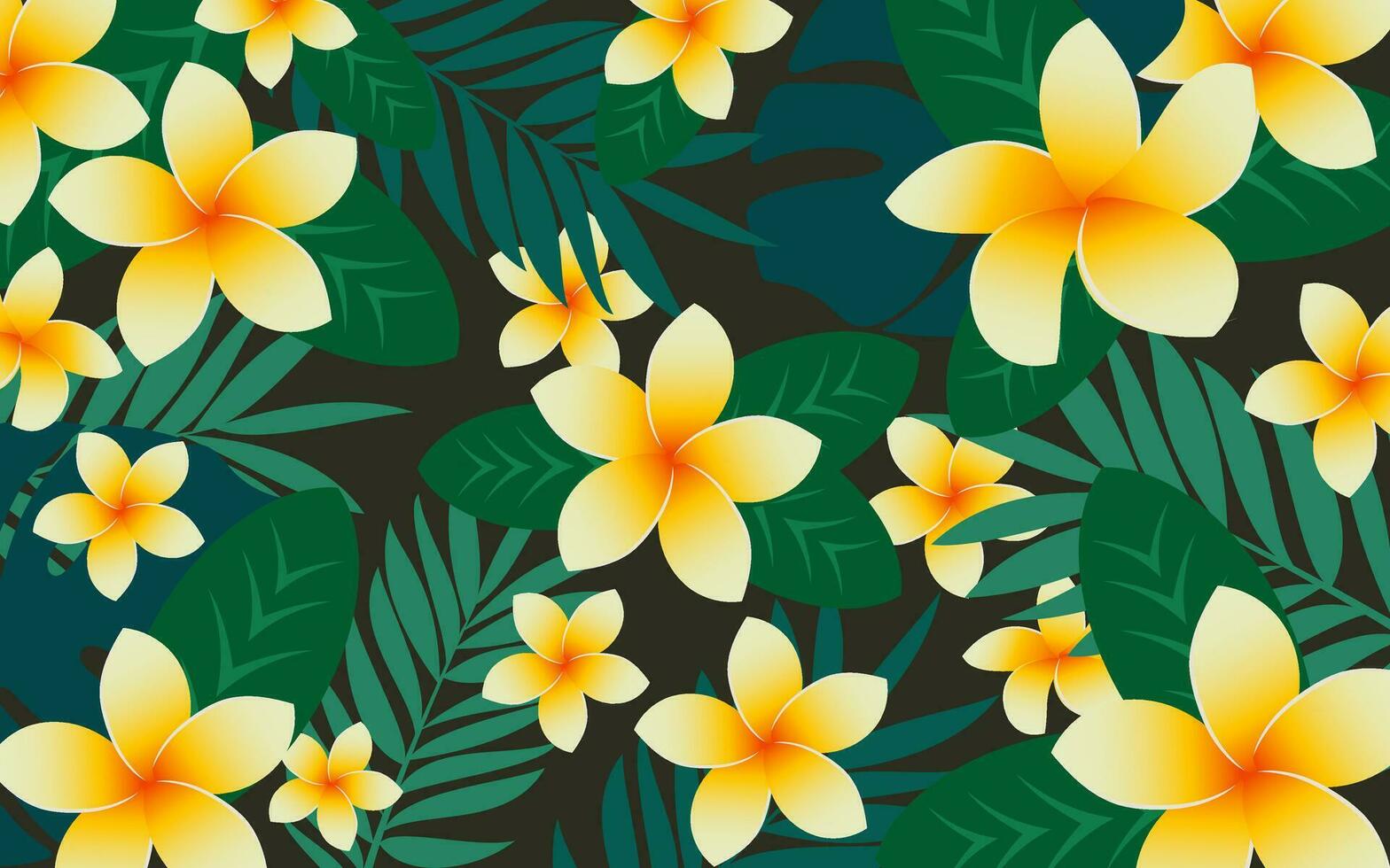 tropisch bloemen horizontaal achtergrond met plumeria bloemen, palm groen bladeren. vector. vector