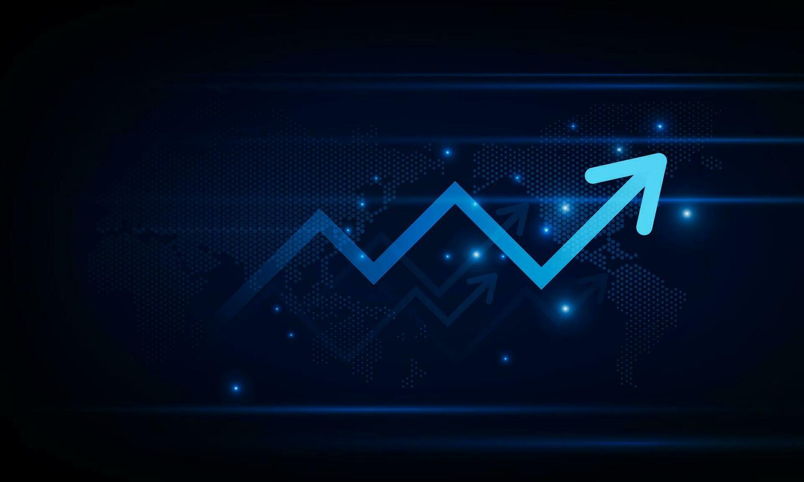 financieel tabel met in beweging omhoog pijl diagram en wereld kaart in voorraad markt Aan blauw kleur achtergrond concept innovatie achtergrond, vector ontwerp