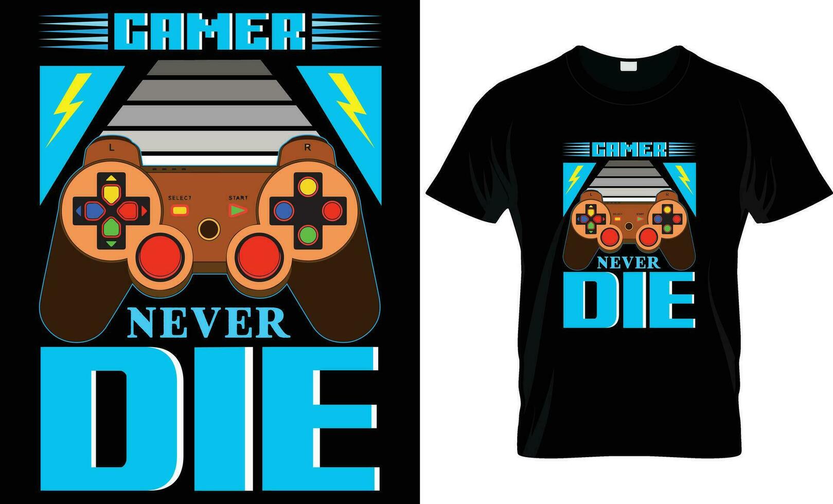gaming t overhemd ontwerp, gamer nooit dood gaan, joystick, t overhemd sjabloon, uniek en nieuw stijl gaming t overhemd ontwerp, vector