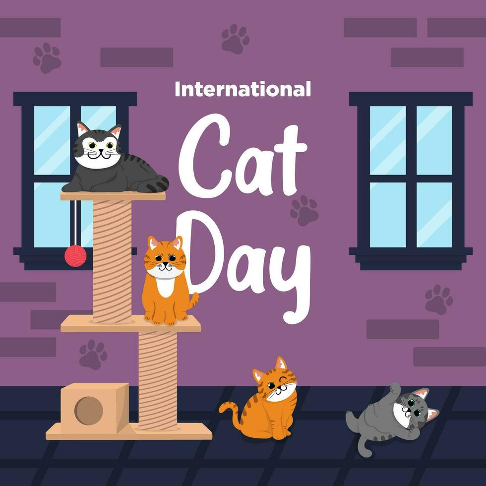 vector schattig Internationale kat dag vlak hand- getrokken thema kat huis illustratie