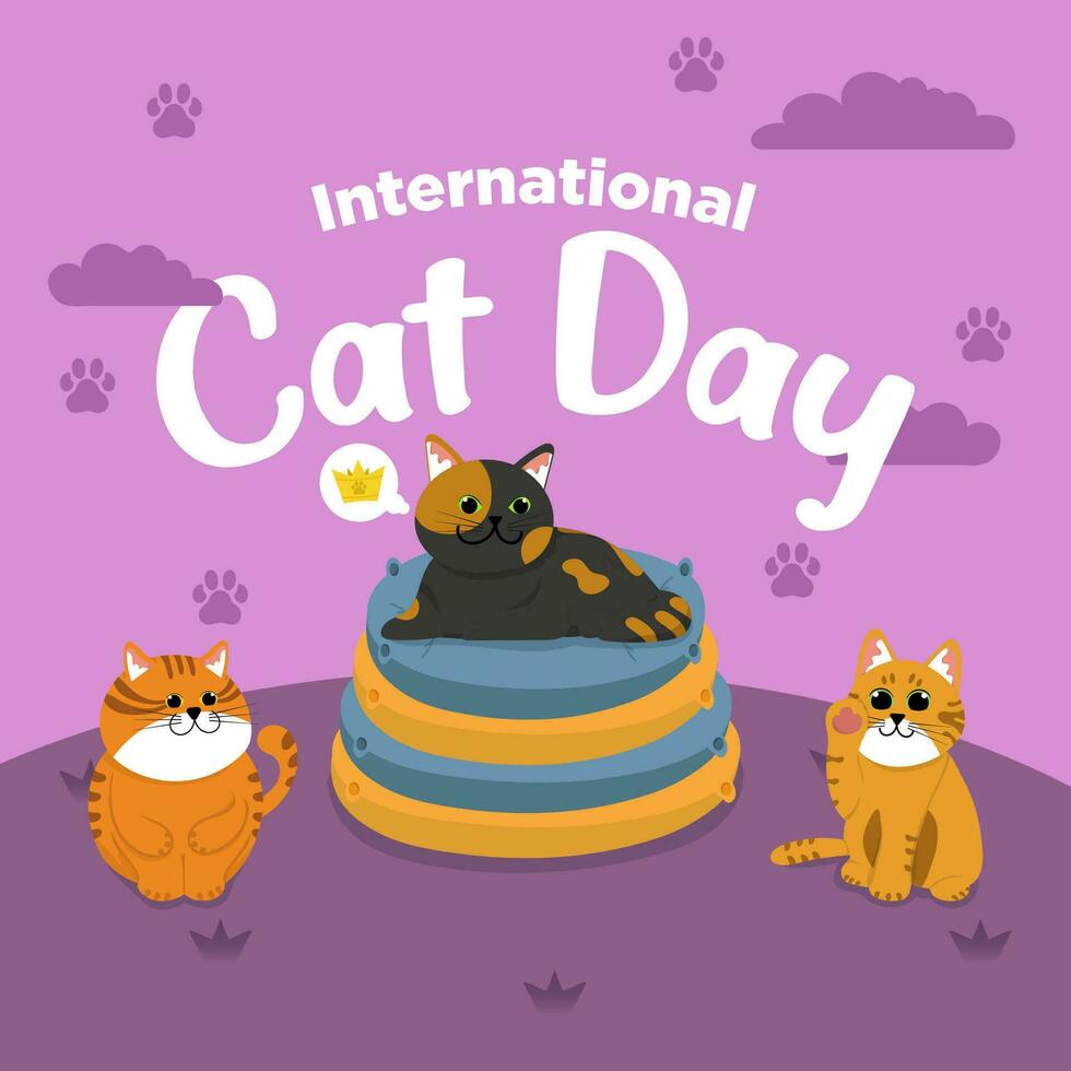 vector schattig Internationale kat dag vlak hand- getrokken thema kat ontspannende Aan hoofdkussen illustratie