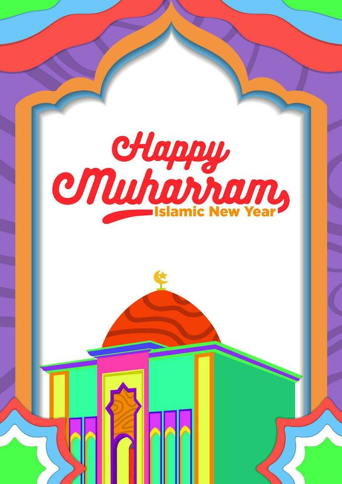 poster sjabloon gelukkig Muharram Islamitisch nieuw jaar met tekenfilm snoep kleur thema's vector