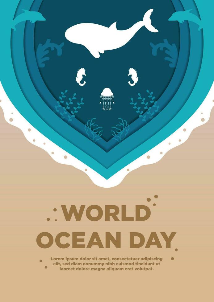 poster sjabloon wereld oceaan dag met mooi kunst papier besnoeiing stijl vector