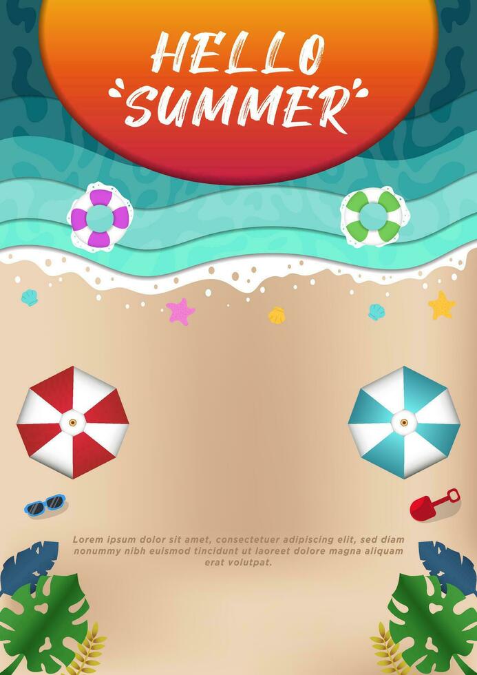 poster Sjablonen papier besnoeiing Hallo zomer met zonsondergang en strand illustratie vector
