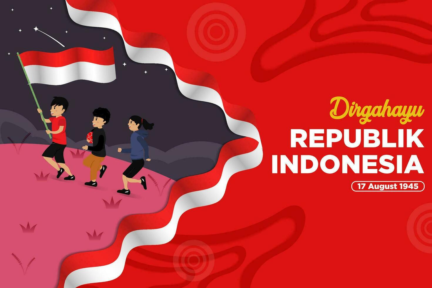 Indonesië onafhankelijkheid dag vector met kinderen rennen omhoog de heuvel draag- de vlag illustratie