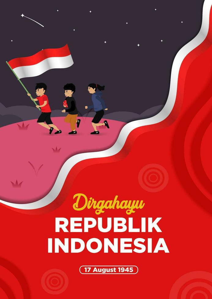 poster Sjablonen Indonesië onafhankelijkheid dag met van kinderen rennen met vlag vector illustratie