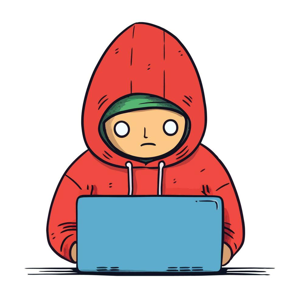 hacker, een Mens in een capuchon met laptop stelen gebruiker persoonlijk gegevens, phishing scam, hacker aanval en web veiligheid concept vector hand- getrokken illustratie