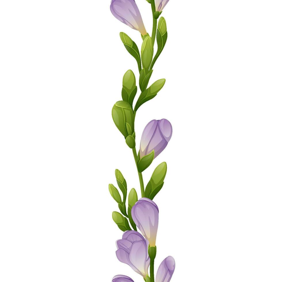 verticaal naadloos grens met Purper freesia bloemen en groen knoppen. bloemen ornament met Purper bloemen. botanisch bloem illustratie voor bruiloft ontwerp, behang, reclame. vector