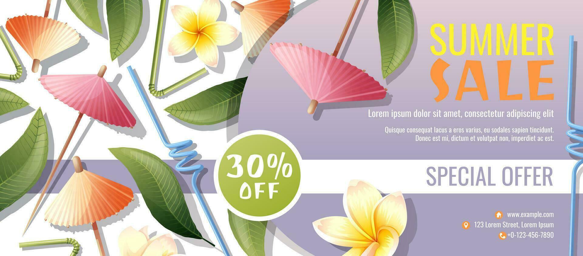 korting folder sjabloon met kokosnoot cocktail, paraplu's en frangipani bloemen. coupon voor zomer kortingen. vector