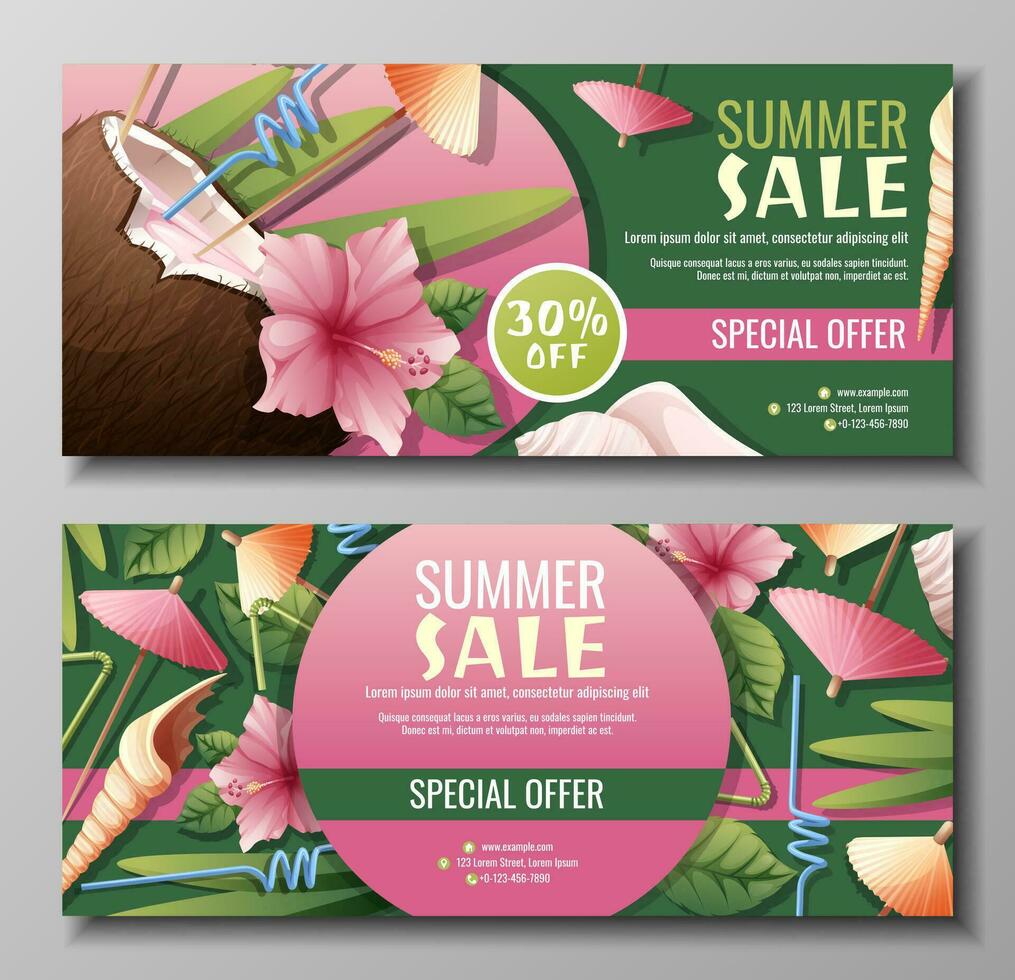 reeks van korting folder Sjablonen met kokosnoot cocktail, paraplu's en hibiscus bloemen. coupon voor zomer verkoop vector