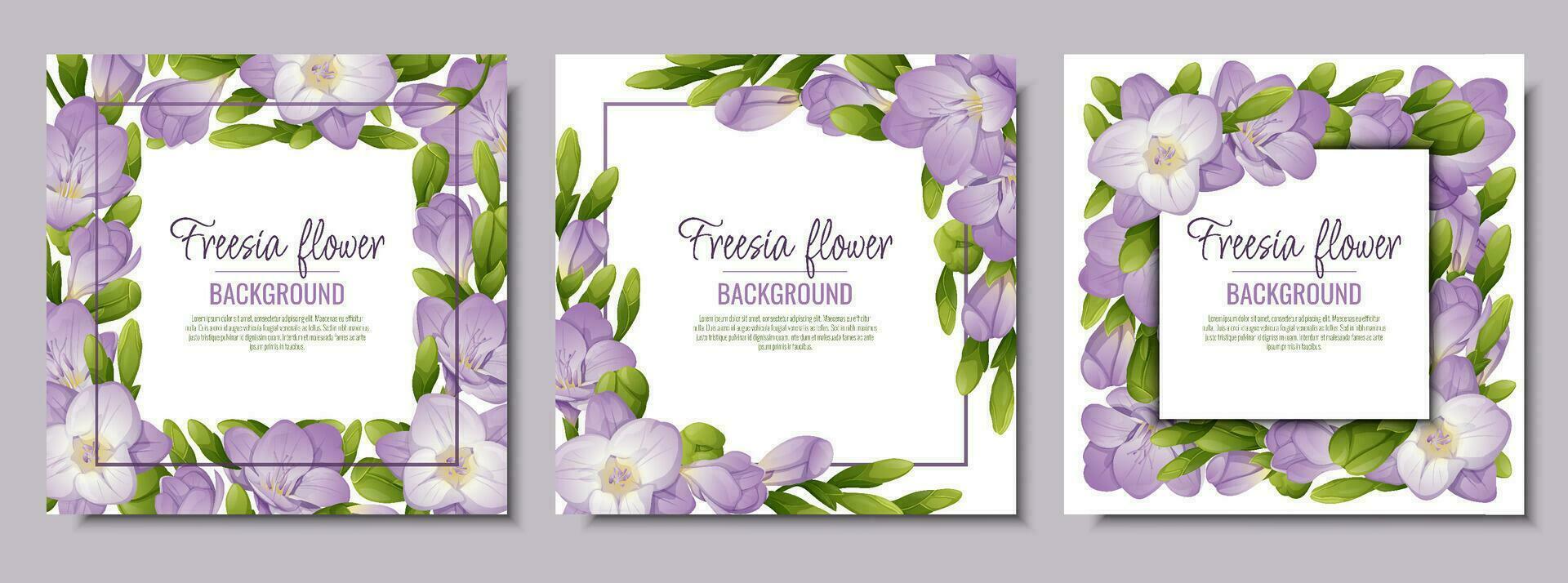 reeks van ansichtkaarten met freesia bloemen. mooi kader met Purper bloemen en knoppen. voorjaar kaart, banier, bruiloft uitnodiging. vector