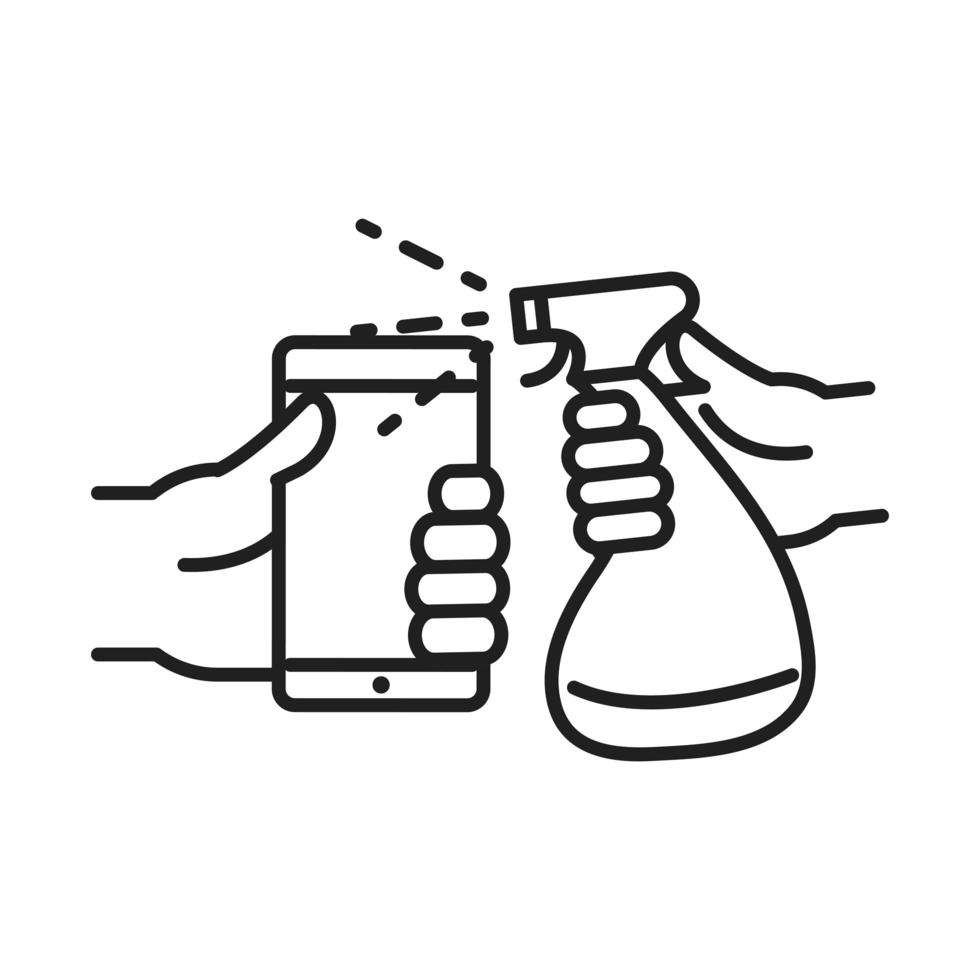 reiniging desinfectie handen met spray en smartphone coronavirus preventie ontsmettingsproducten lijn stijlicoon vector