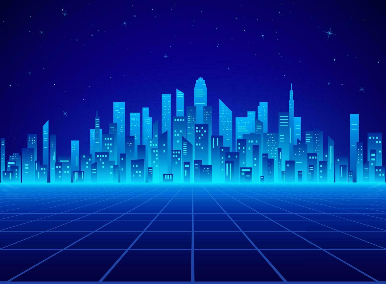 neon retro stad landschap in blauw kleuren. cyberpunk futuristische dorp. sci-fi achtergrond abstract digitaal architectuur. vector illustratie