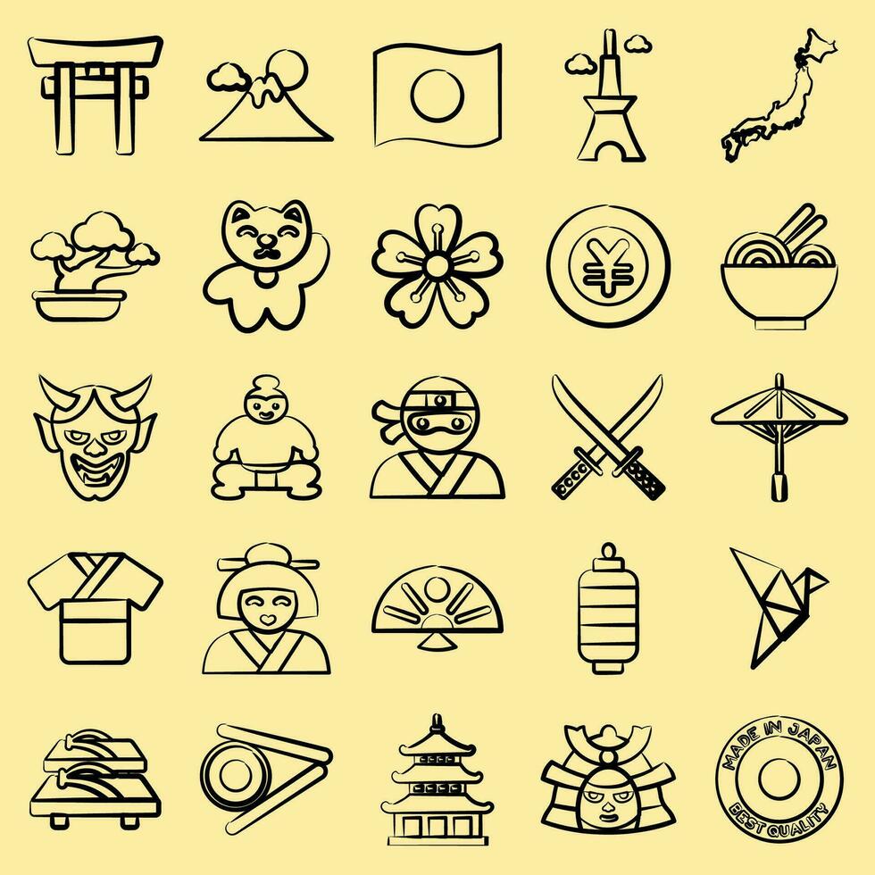icoon reeks van Japan. Japan elementen. pictogrammen in hand- getrokken stijl. mooi zo voor afdrukken, affiches, logo, advertentie, infografieken, enz. vector