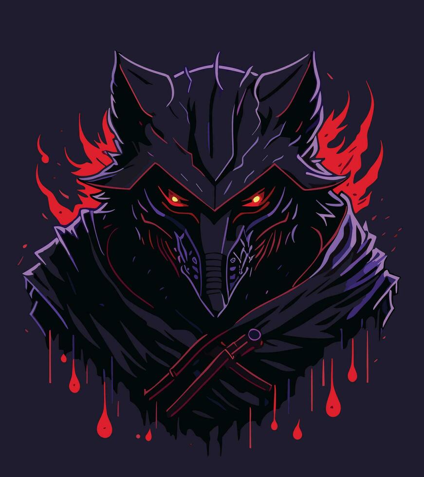 een gedetailleerd illustratie gezicht onheil Ninja wolf, magie, t-shirt ontwerp, rood kleur , donker magie plons, donker, spookachtig, t-shirt ontwerp vector