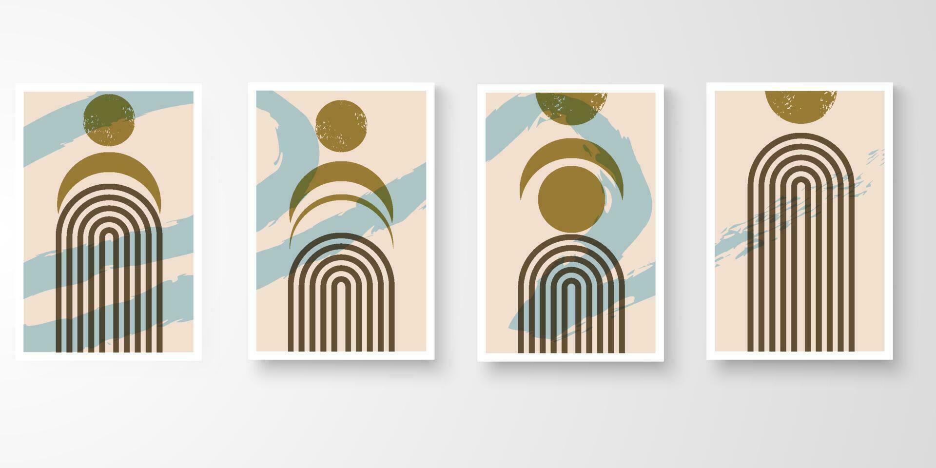 set van minimale natuurlijke kunst aan de muur in witte frames. gebladerte lijntekeningen tekenen met abstracte vorm samenstelling aarde toon. kunst vectorillustratie. vector