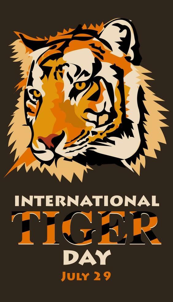 Internationale tijger dag Aan juli 29. de groot hoofd van de kalmte tijger looks weg. portret van een tijger. geschikt voor het drukken Aan ansichtkaarten, spandoeken, flyers. de gezicht van een schattig, kalmte tijger Aan een donker vector