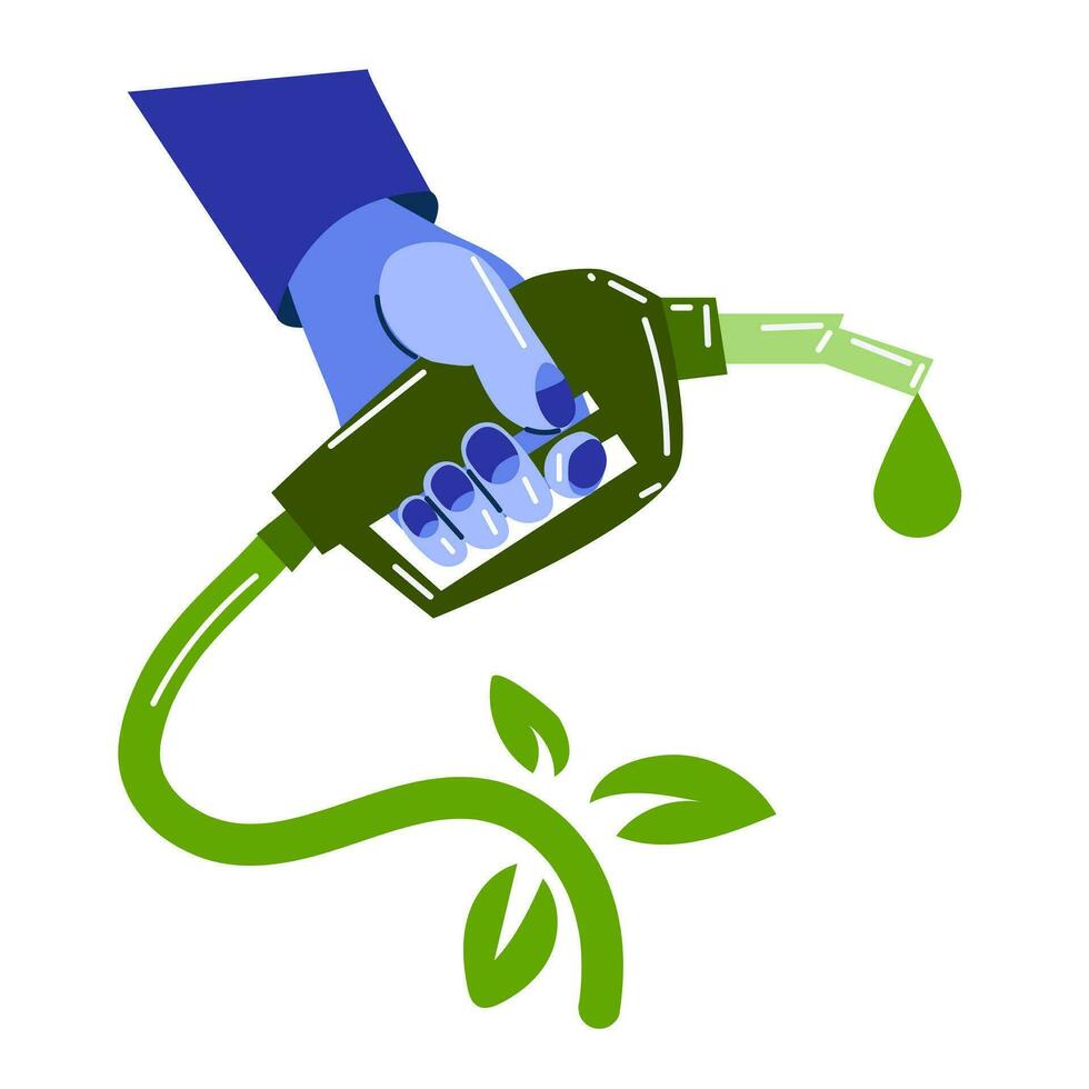 groen brandstof teken, brandstof dispenser geweer in hand. de concept van ecologie. sjabloon voor achtergrond, banier, ansichtkaart, poster. vector illustratie van biobrandstoffen. milieu thema in groen Aan wit