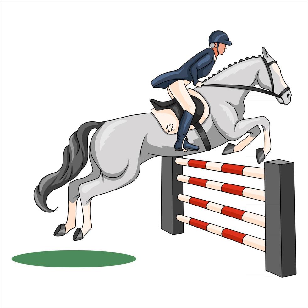 paardrijden vrouw rijdt op een paard over een obstakel in cartoon-stijl vector