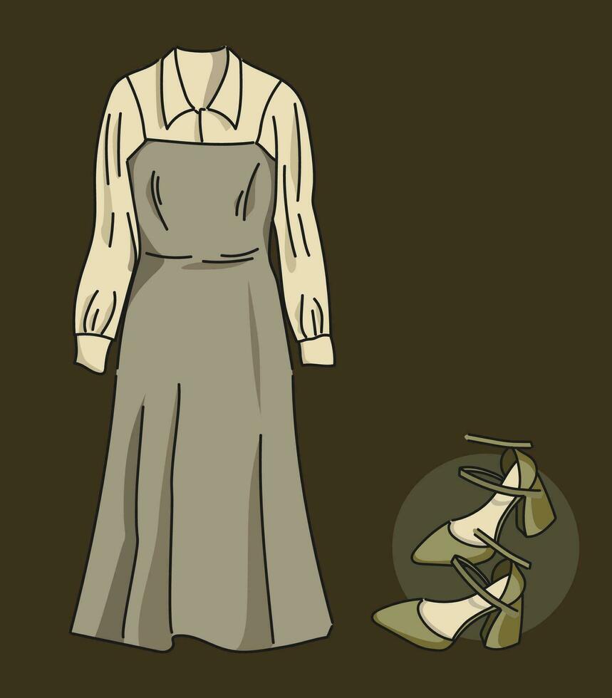 Dames s jurk is elegant in retro stijl, blouse met ruches en hoge hakken schoenen . minimalisme en modieus kleren voor meisjes. illustratie voor winkels, reclame, websites en banners vector