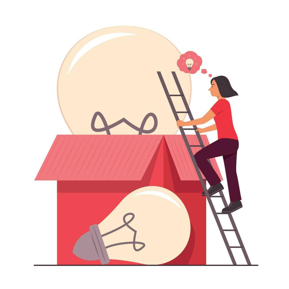 vrouw beklimming omhoog ladder voor vinden creatief idee in groot doos concept illustratie vector