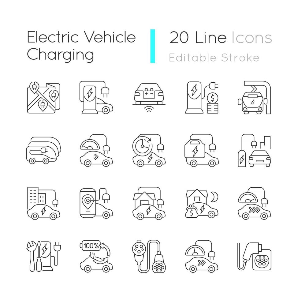 elektrisch voertuig opladen lineaire pictogrammen set vector