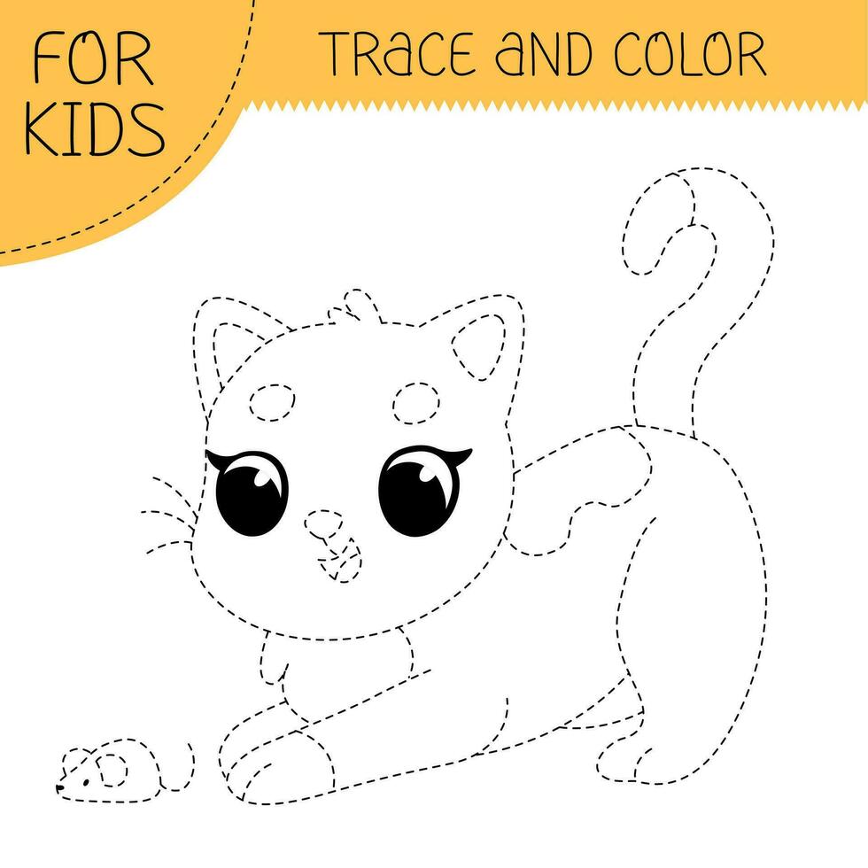 spoor en kleur kleur boek met kat voor kinderen. kleur bladzijde met schattig tekenfilm kat. vector plein illustratie.