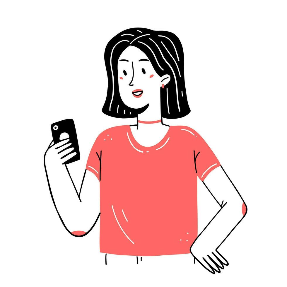 de meisje looks Bij de telefoon. een gelukkig vrouw met een telefoon in haar hand. vector illustratie in tekening stijl