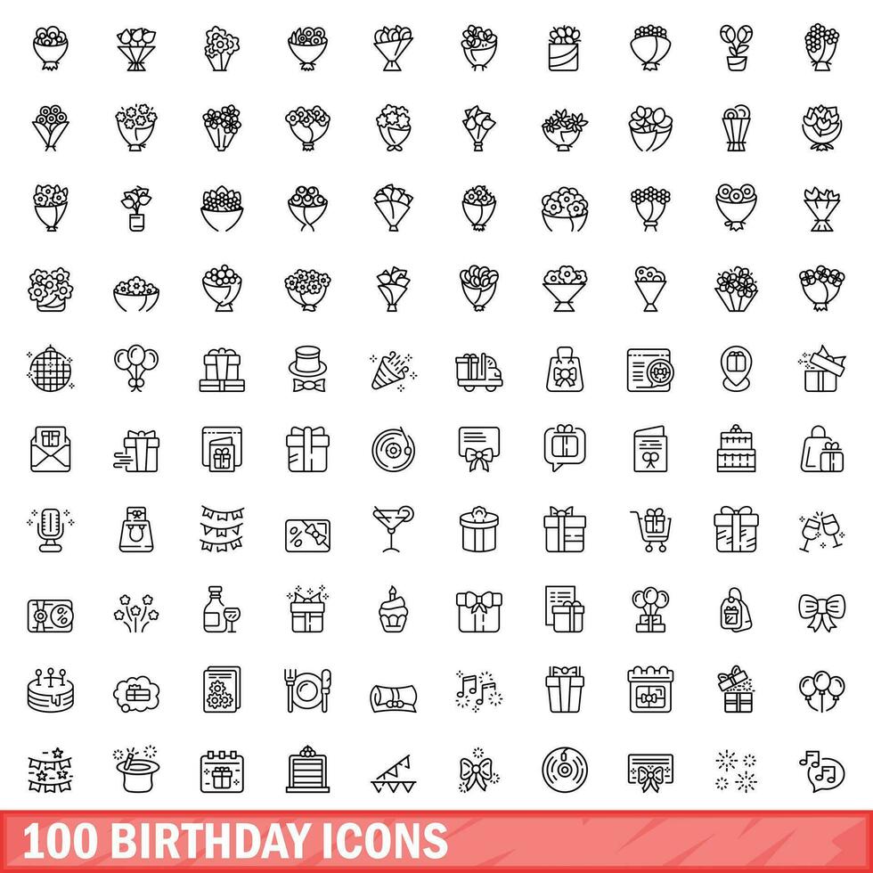 100 verjaardag iconen set, Kaderstijl vector