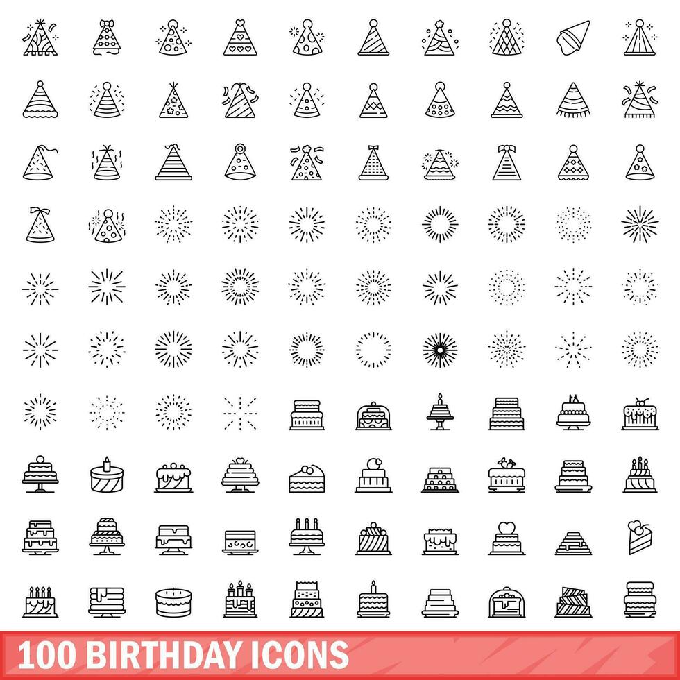100 verjaardag iconen set, Kaderstijl vector
