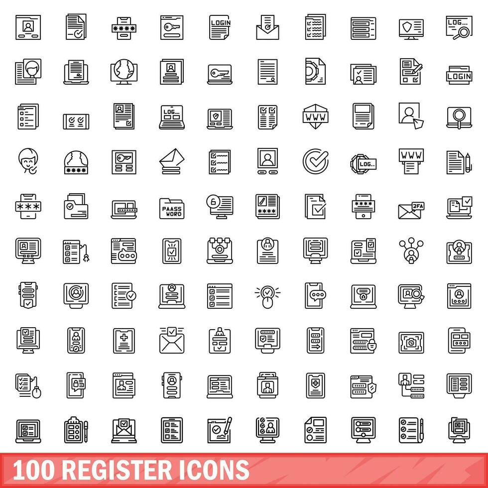 100 registreren pictogrammen set, schets stijl vector