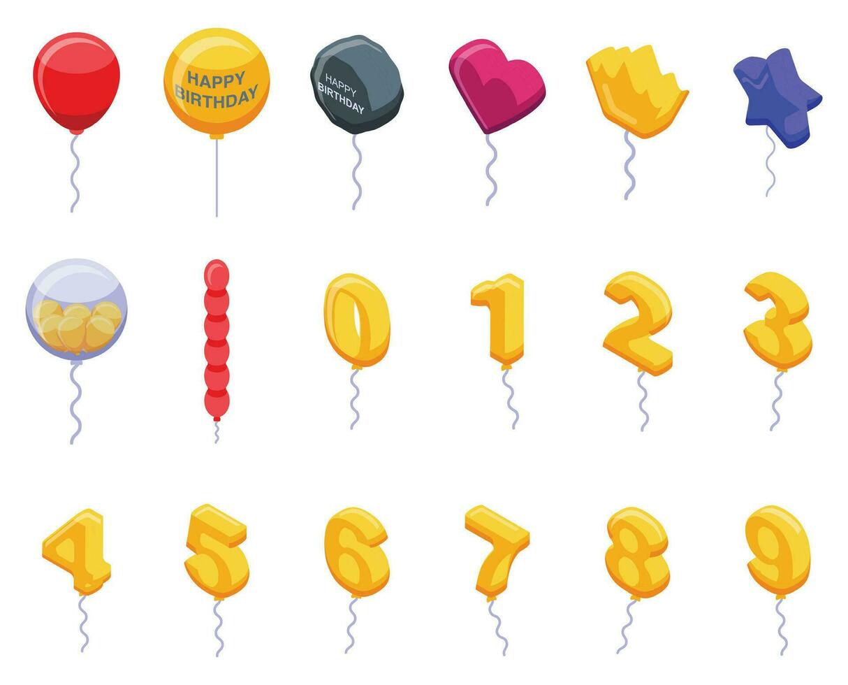verjaardag ballonnen pictogrammen reeks isometrische vector. evenement partij vector