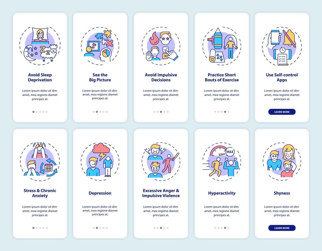 zelfcontrole onboarding mobiele app paginascherm met concepten set vector