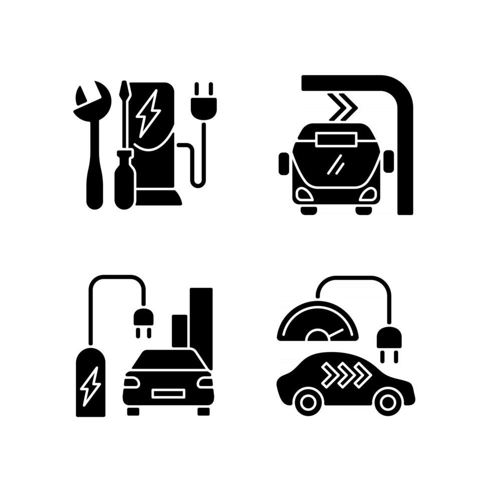 elektrisch voertuig opladen zwarte glyph-pictogrammen ingesteld op witruimte vector